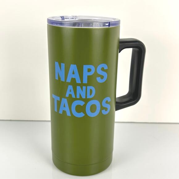 Room Essentials 18oz Stainless Steel Travel Handle Mug NAPS and TACOS Green Blue - Picture 1 of 14